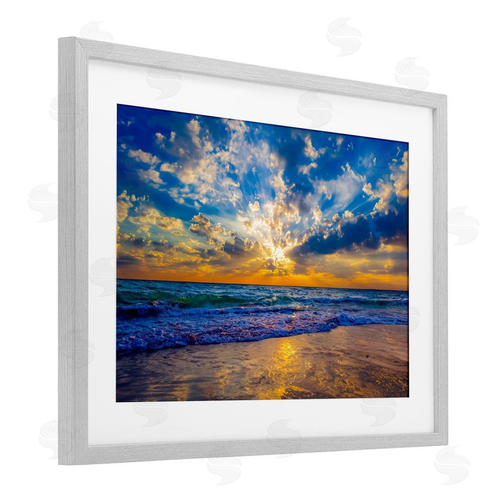 Eszra Tanner Golden Blue Sun Ray On Beach Gray Framed Print Under Glass Wall Art