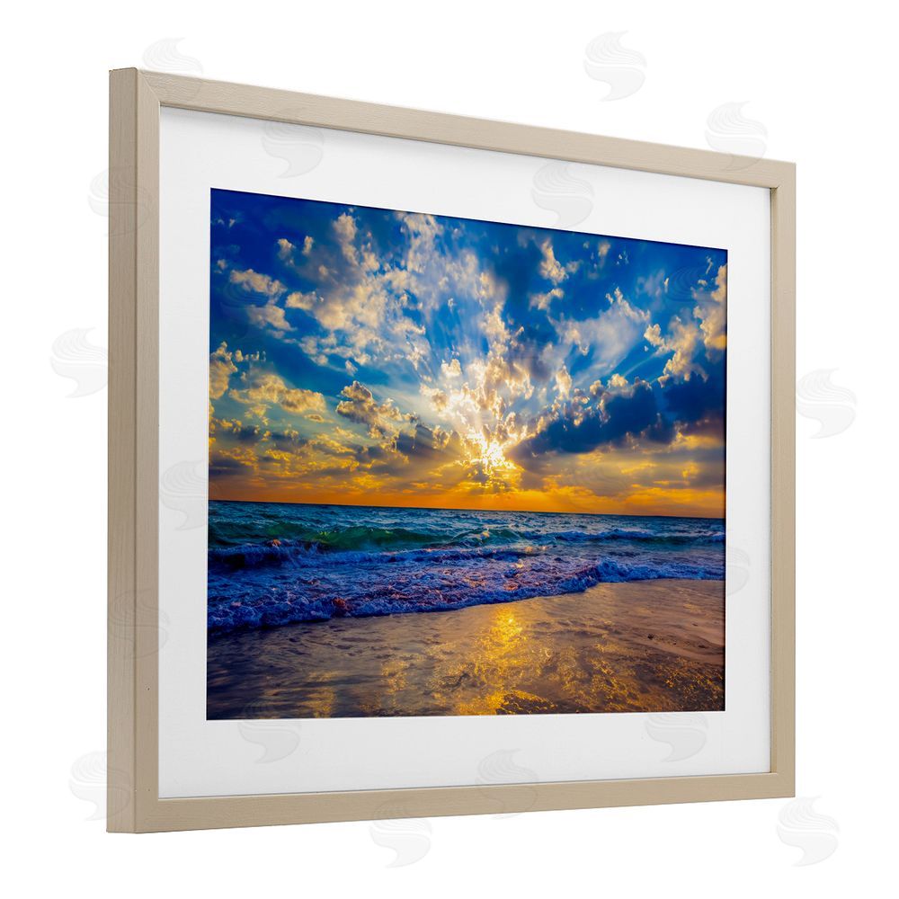 Eszra Tanner Golden Blue Sun Ray On Beach Brown Framed Print Under Glass Wall Art