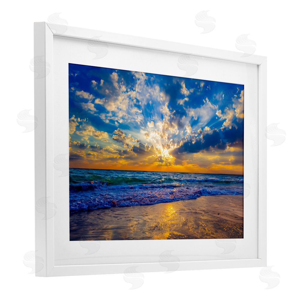 Eszra Tanner Golden Blue Sun Ray On Beach White Framed Print Under Glass Wall Art