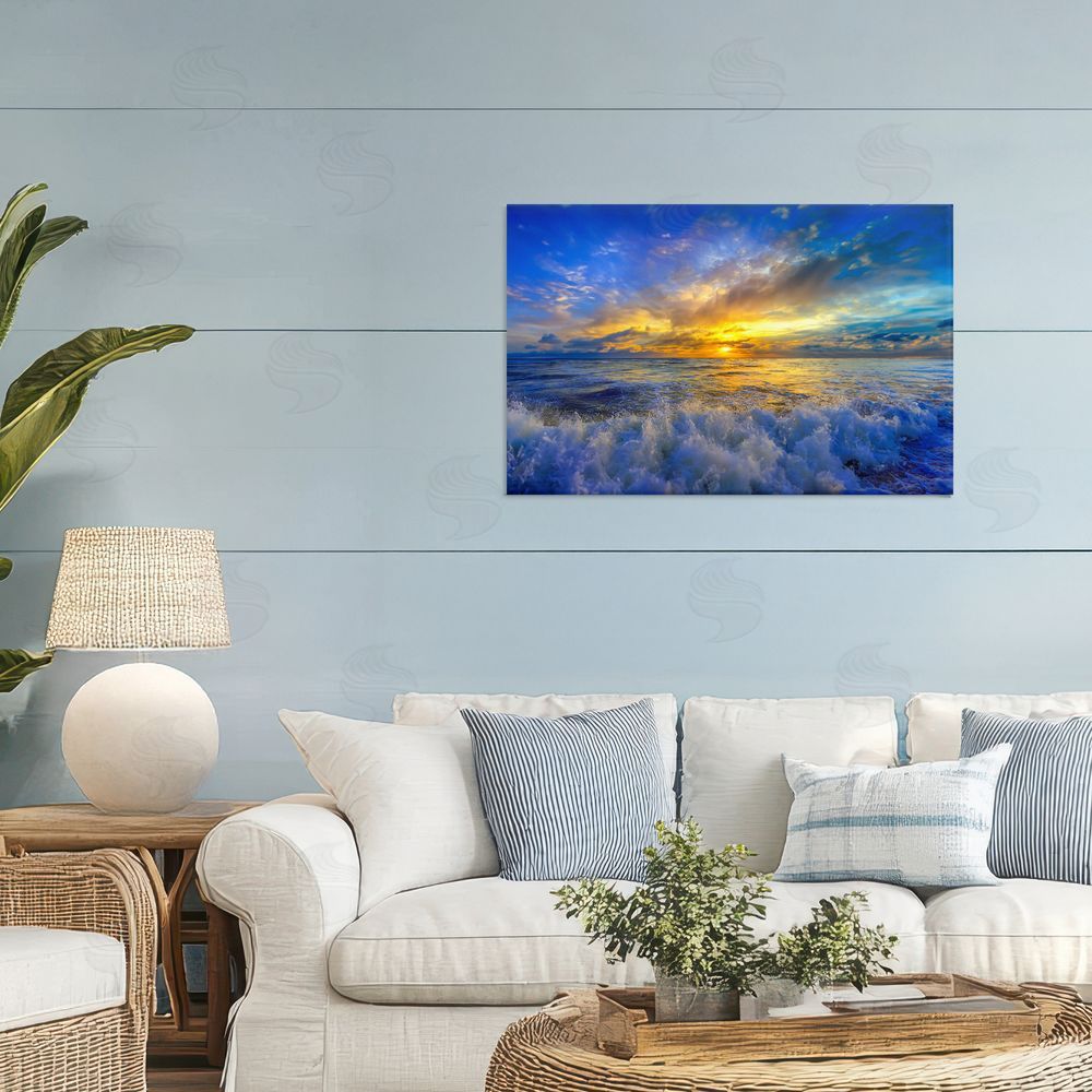Eszra Tanner Golden Blue Sunset over Waves Stretched Canvas Wall Art in Room