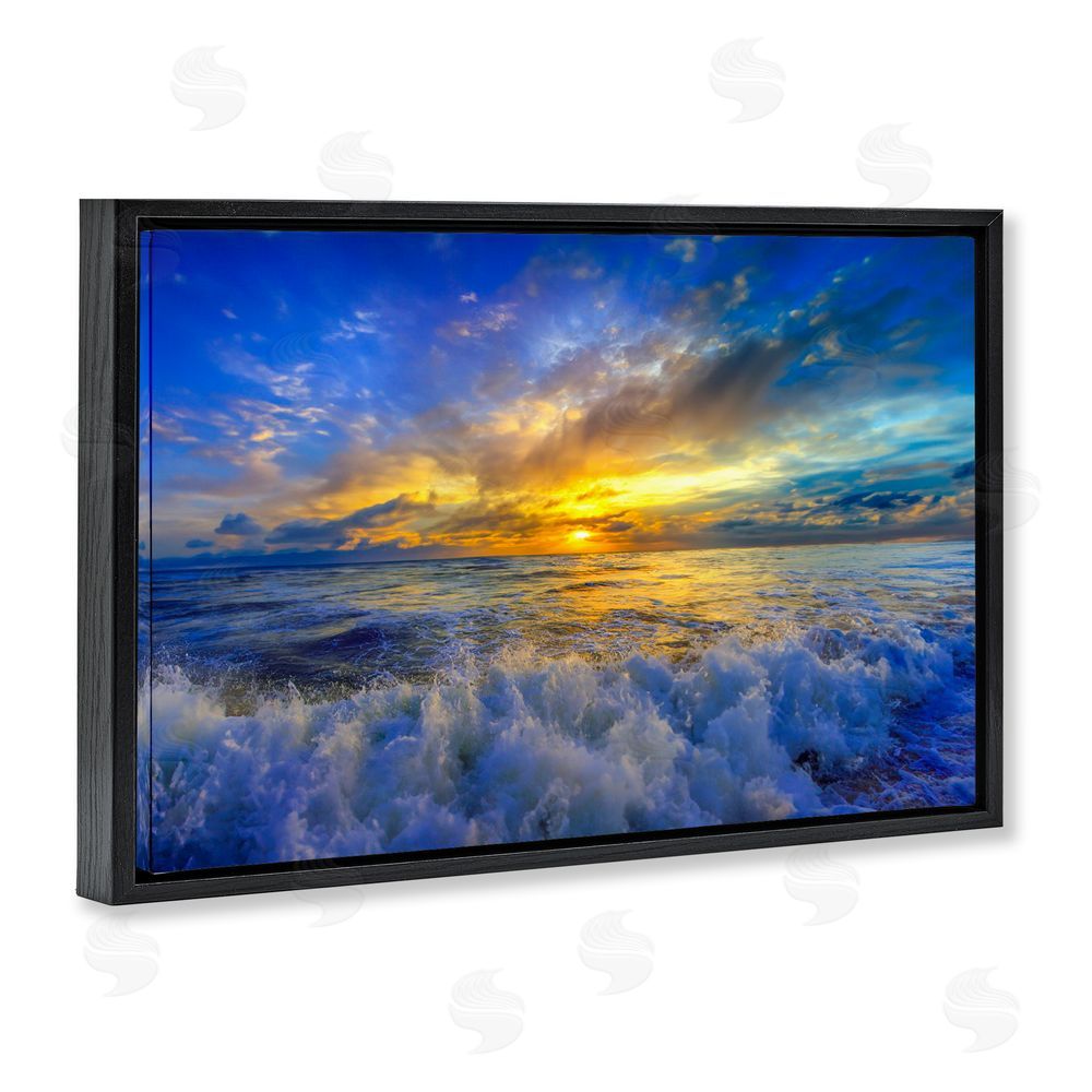 Eszra Tanner Golden Blue Sunset over Waves Black Floating Framed Canvas Wall Art