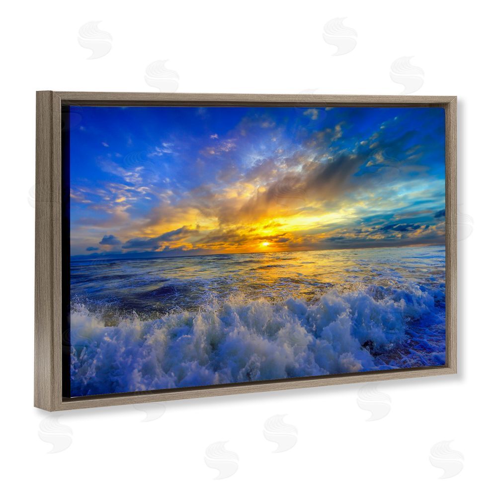 Eszra Tanner Golden Blue Sunset over Waves Brown Floating Framed Canvas Wall Art