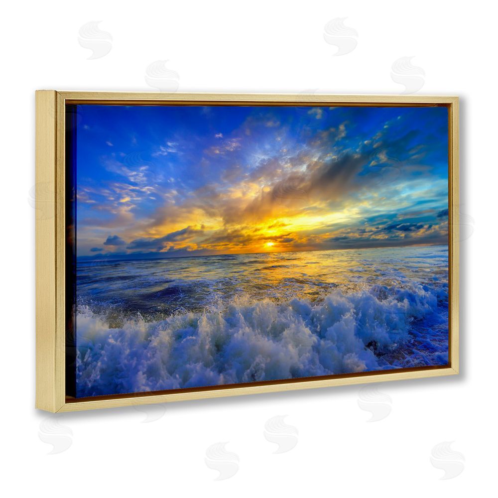 Eszra Tanner Golden Blue Sunset over Waves Gold Floating Framed Canvas Wall Art