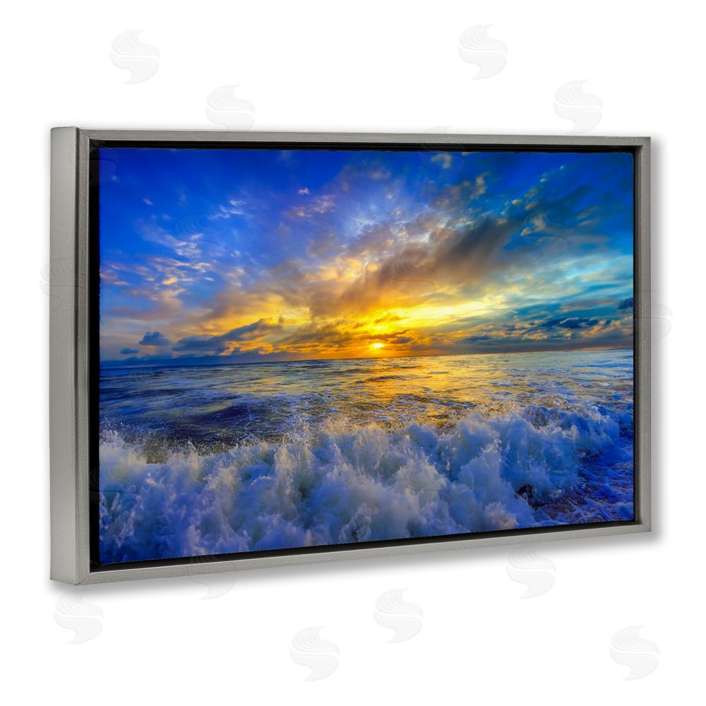 Eszra Tanner Golden Blue Sunset over Waves Gray Floating Framed Canvas Wall Art