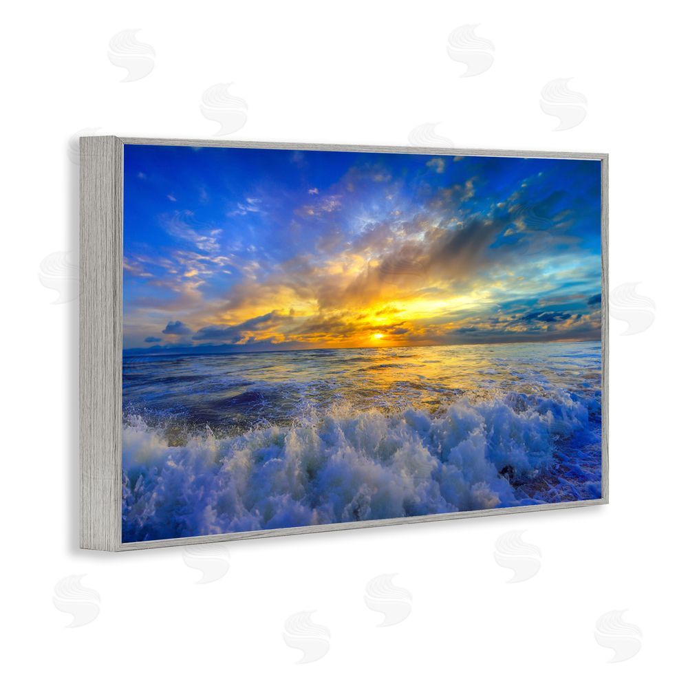 Eszra Tanner Golden Blue Sunset over Waves Gray Framed Giclee Wall Art