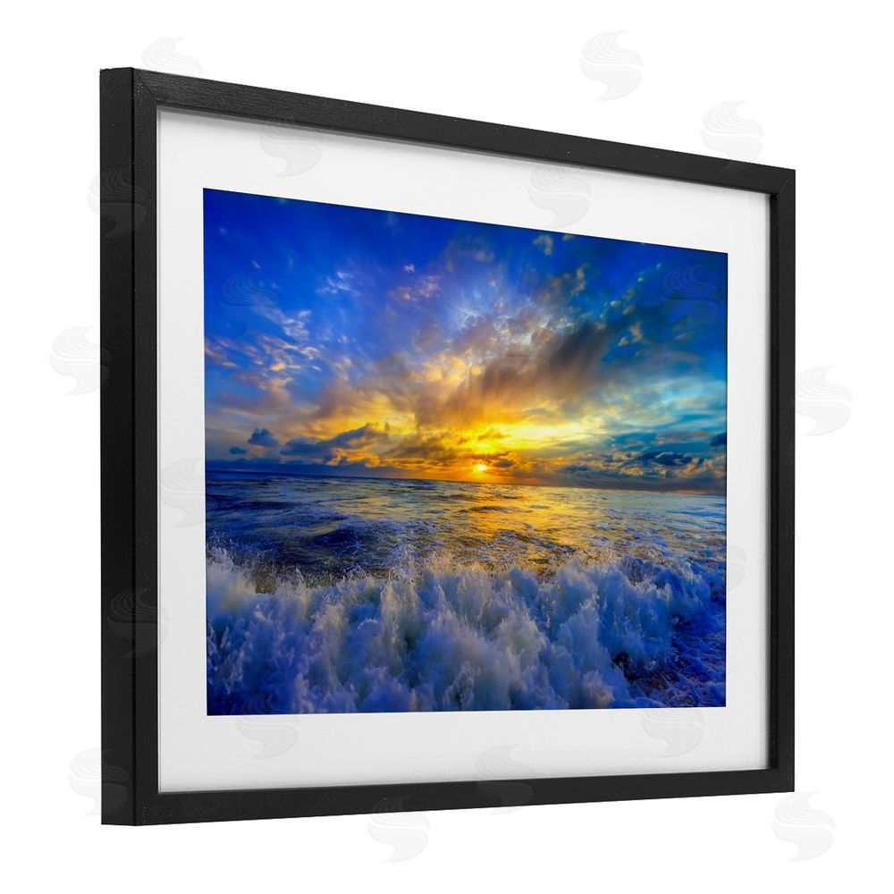 Eszra Tanner Golden Blue Sunset over Waves Black Framed Print Under Glass Wall Art