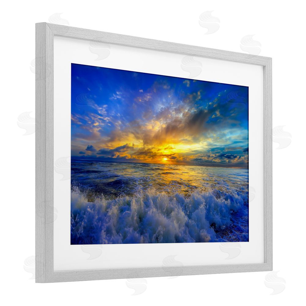 Eszra Tanner Golden Blue Sunset over Waves Gray Framed Print Under Glass Wall Art
