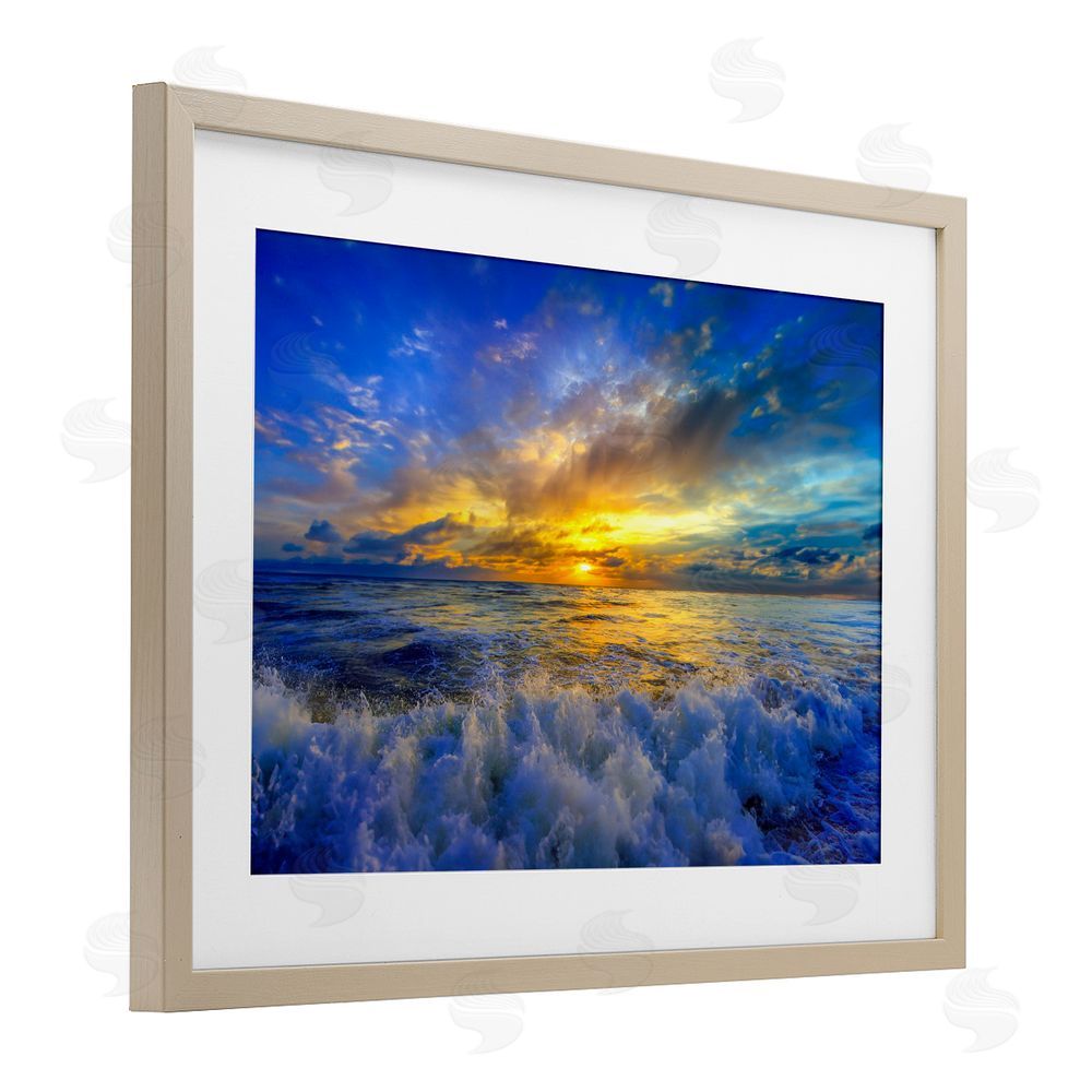 Eszra Tanner Golden Blue Sunset over Waves Brown Framed Print Under Glass Wall Art