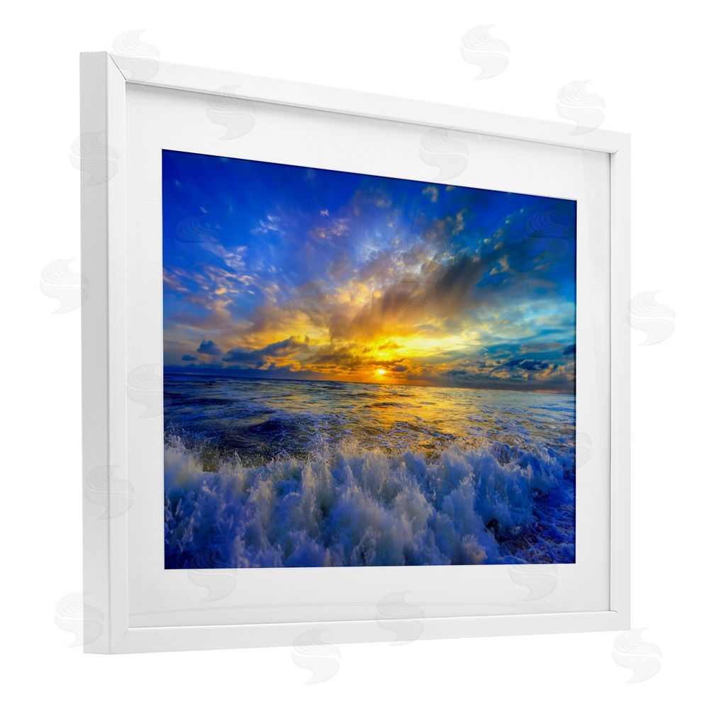 Eszra Tanner Golden Blue Sunset over Waves White Framed Print Under Glass Wall Art