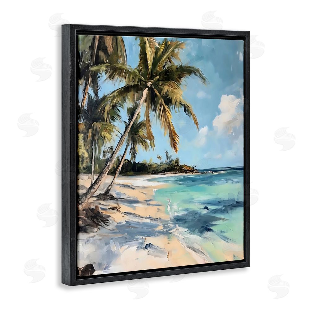 Franklyn Gregory Tropical Coastline Palm Frond Shadows Black Floating Framed Canvas Wall Art Print