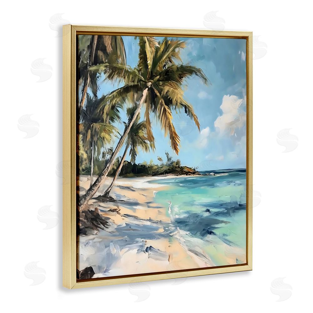 Franklyn Gregory Tropical Coastline Palm Frond Shadows Gold Floating Framed Canvas Wall Art Print