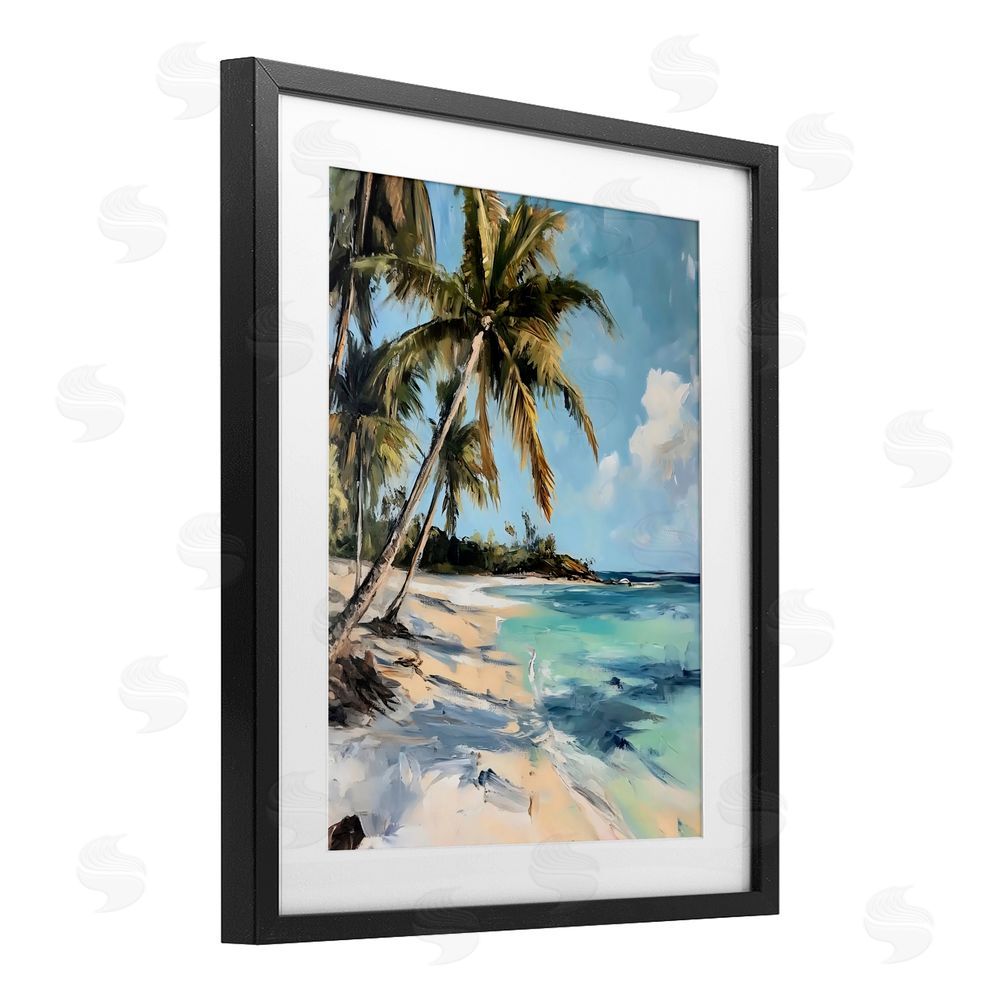 Franklyn Gregory Tropical Coastline Palm Frond Shadows Black Framed Print Under Glass with White Mat Wall Art