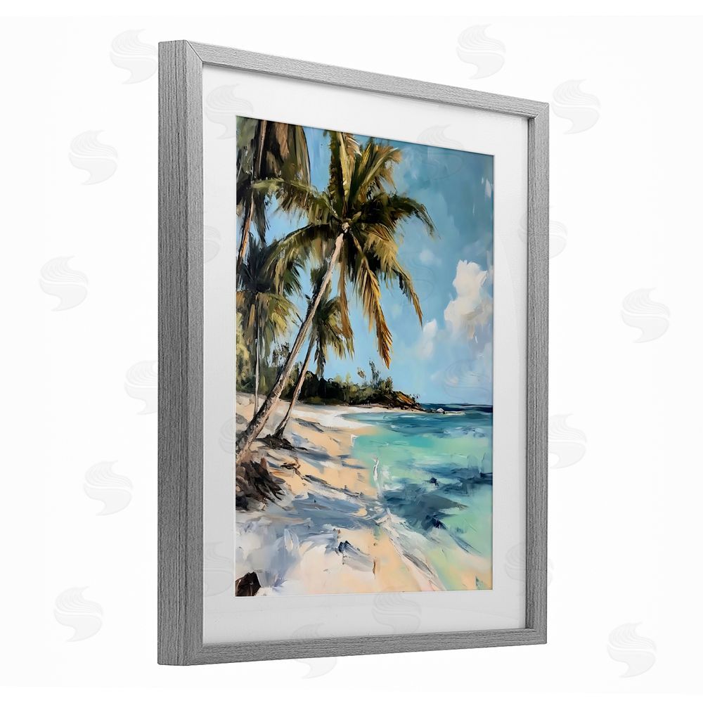 Franklyn Gregory Tropical Coastline Palm Frond Shadows Gray Framed Print Under Glass with White Mat Wall Art