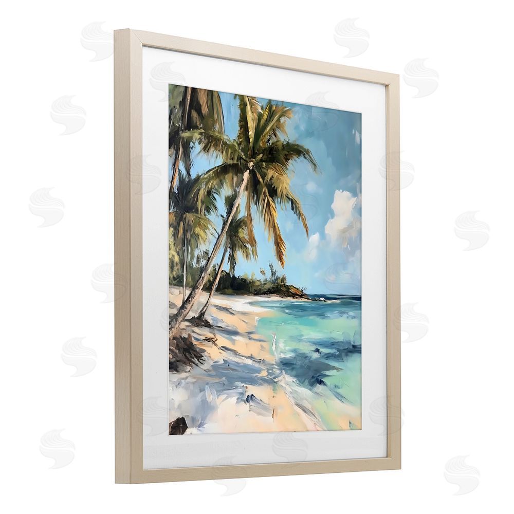 Franklyn Gregory Tropical Coastline Palm Frond Shadows Brown Framed Print Under Glass with White Mat Wall Art
