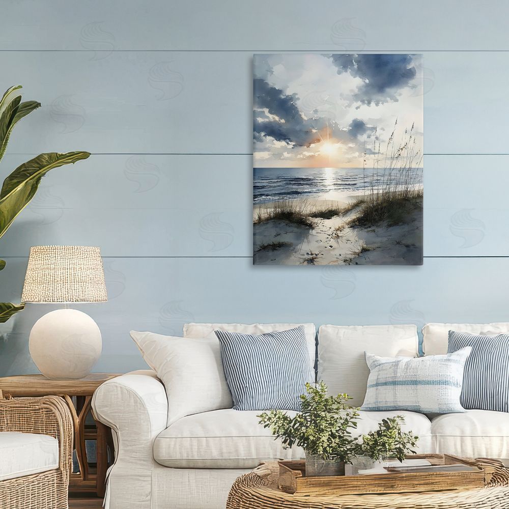 Franklyn Gregory Ocean Sunrise over Sandy Dunes Stretched Canvas Wall Art in Room