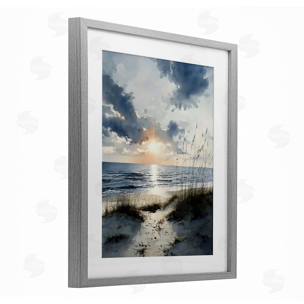 Franklyn Gregory Ocean Sunrise over Sandy Dunes Gray Framed Print Under Glass Wall Art