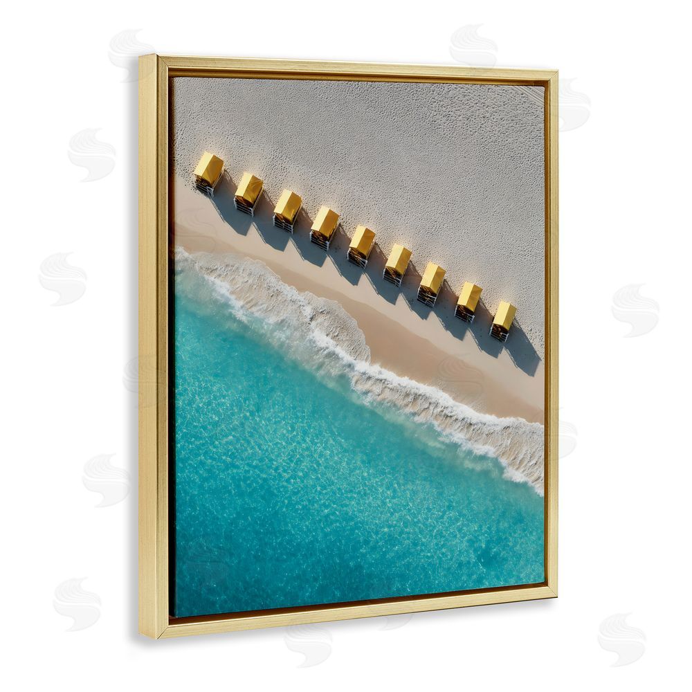 Franklyn Gregory Yellow Cabanas Along Shore Gold Floating Framed Canvas Wall Art Print