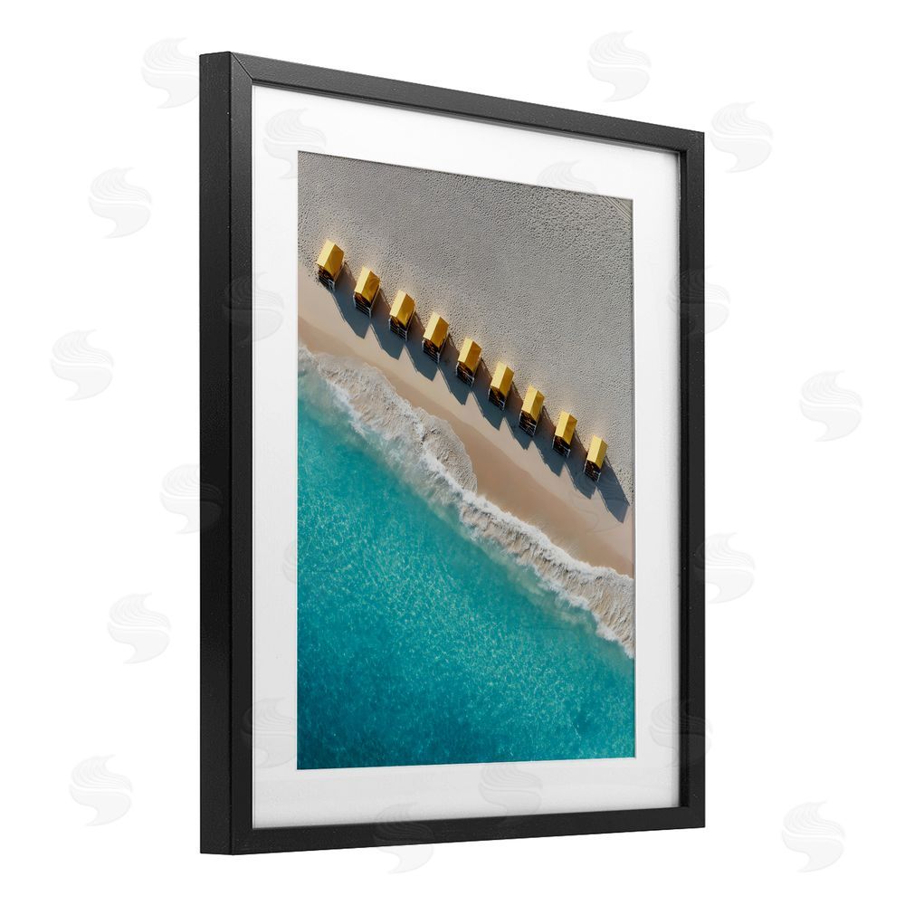 Franklyn Gregory Yellow Cabanas Along Shore Black Framed Print Under Glass with White Mat Wall Art