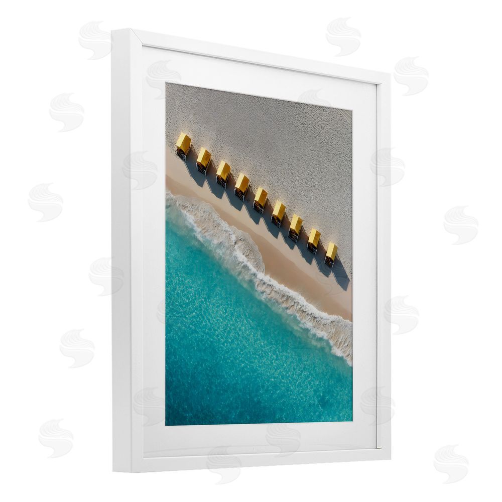 Franklyn Gregory Yellow Cabanas Along Shore White Framed Print Under Glass with White Mat Wall Art