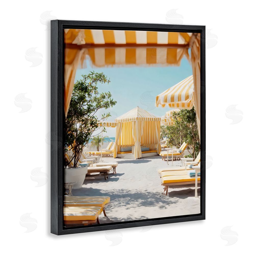 Franklyn Gregory Yellow Striped Beach Cabanas Black Floating Framed Canvas Wall Art Print