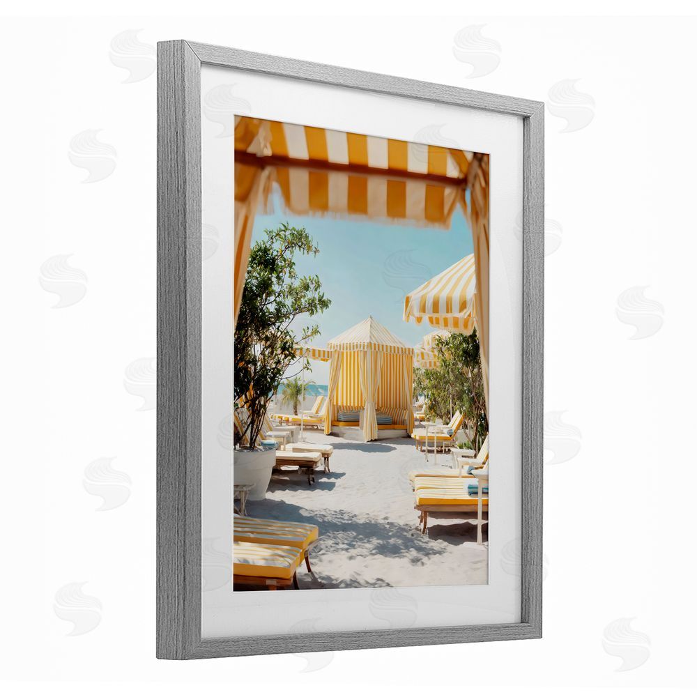 Franklyn Gregory Yellow Striped Beach Cabanas Gray Framed Print Under Glass with White Mat Wall Art