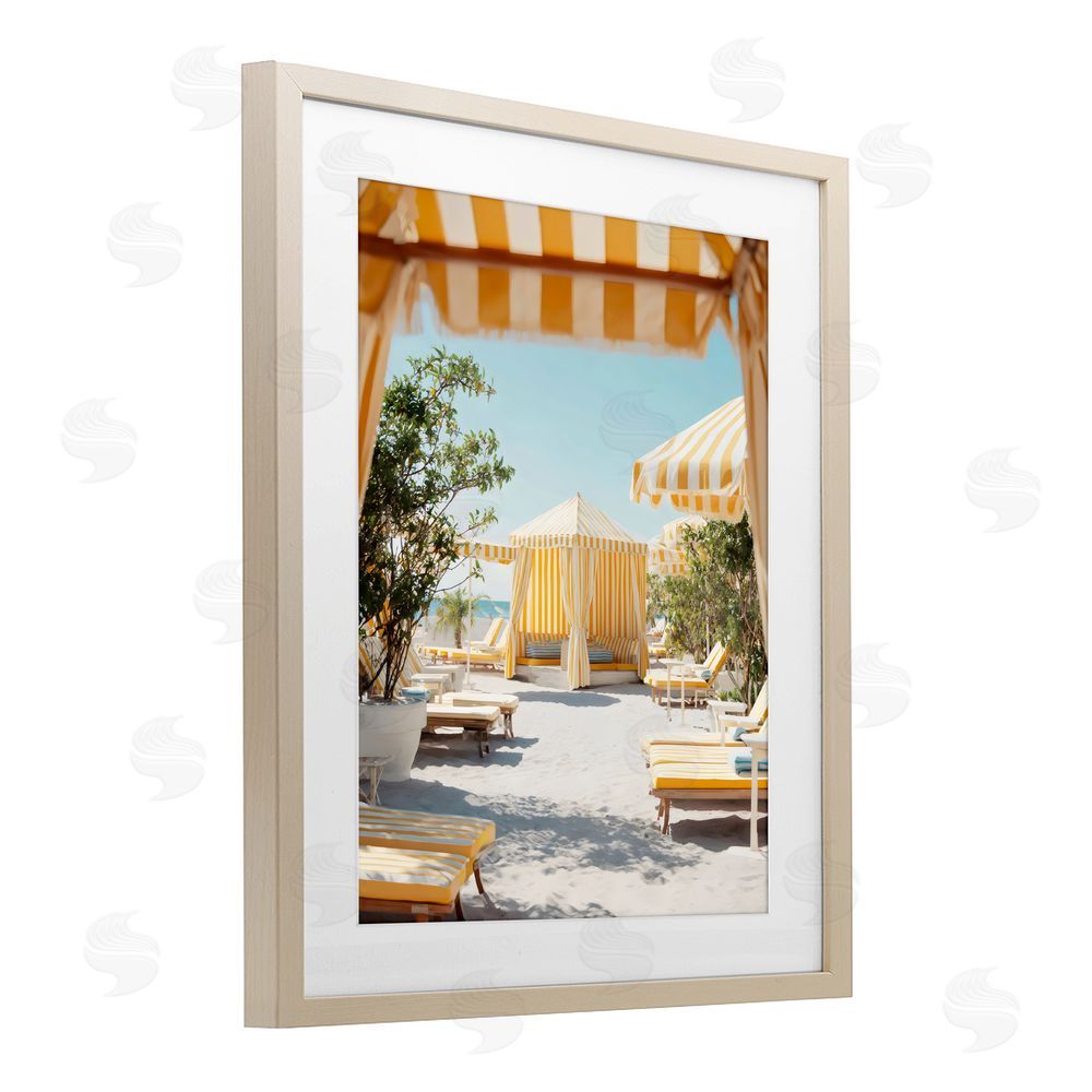 Franklyn Gregory Yellow Striped Beach Cabanas Brown Framed Print Under Glass with White Mat Wall Art