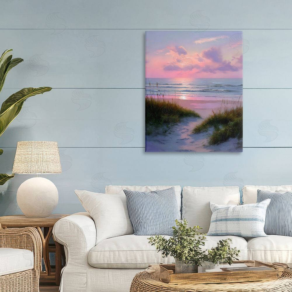 Franklyn Gregory Romantic Beach Sunset in Pink Stretched Canvas Wall Art in Room
