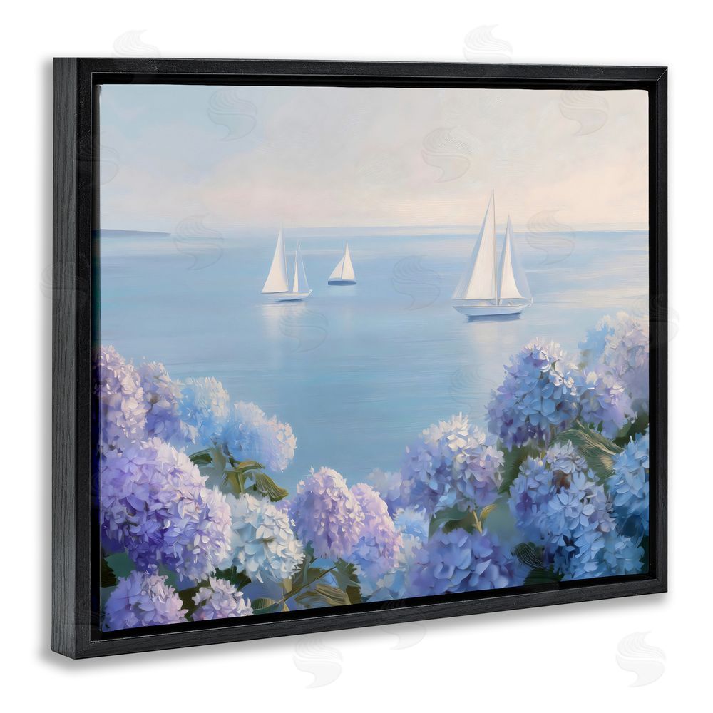 LSR Design Studio Sailboats & Hydrangeas at Sea Black Floating Framed Canvas Wall Art Print