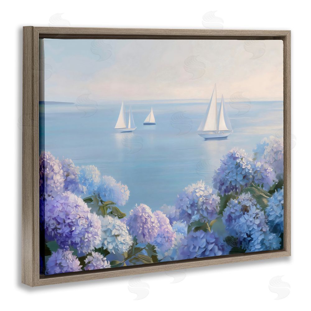 LSR Design Studio Sailboats & Hydrangeas at Sea Brown Floating Framed Canvas Wall Art Print