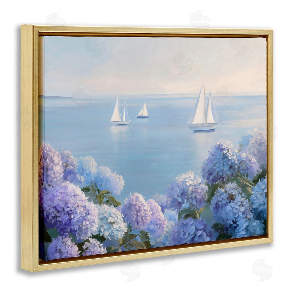 LSR Design Studio Sailboats & Hydrangeas at Sea Gold Floating Framed Canvas Wall Art Print