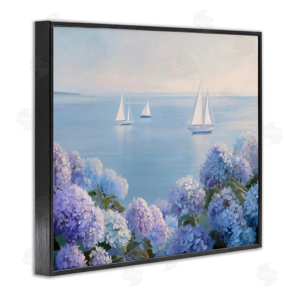LSR Design Studio Sailboats & Hydrangeas at Sea Black Framed Giclee Wall Art Print