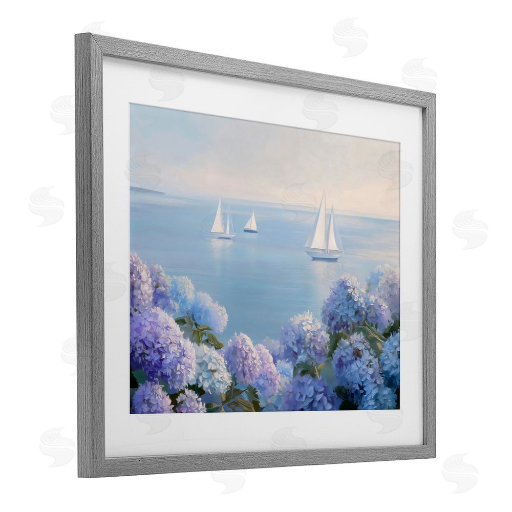 LSR Design Studio Sailboats & Hydrangeas at Sea Gray Framed Print Under Glass with White Mat Wall Art