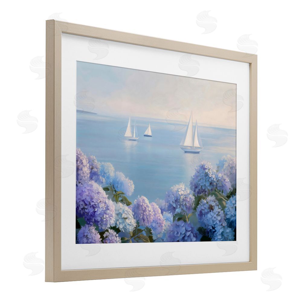LSR Design Studio Sailboats & Hydrangeas at Sea Brown Framed Print Under Glass with White Mat Wall Art