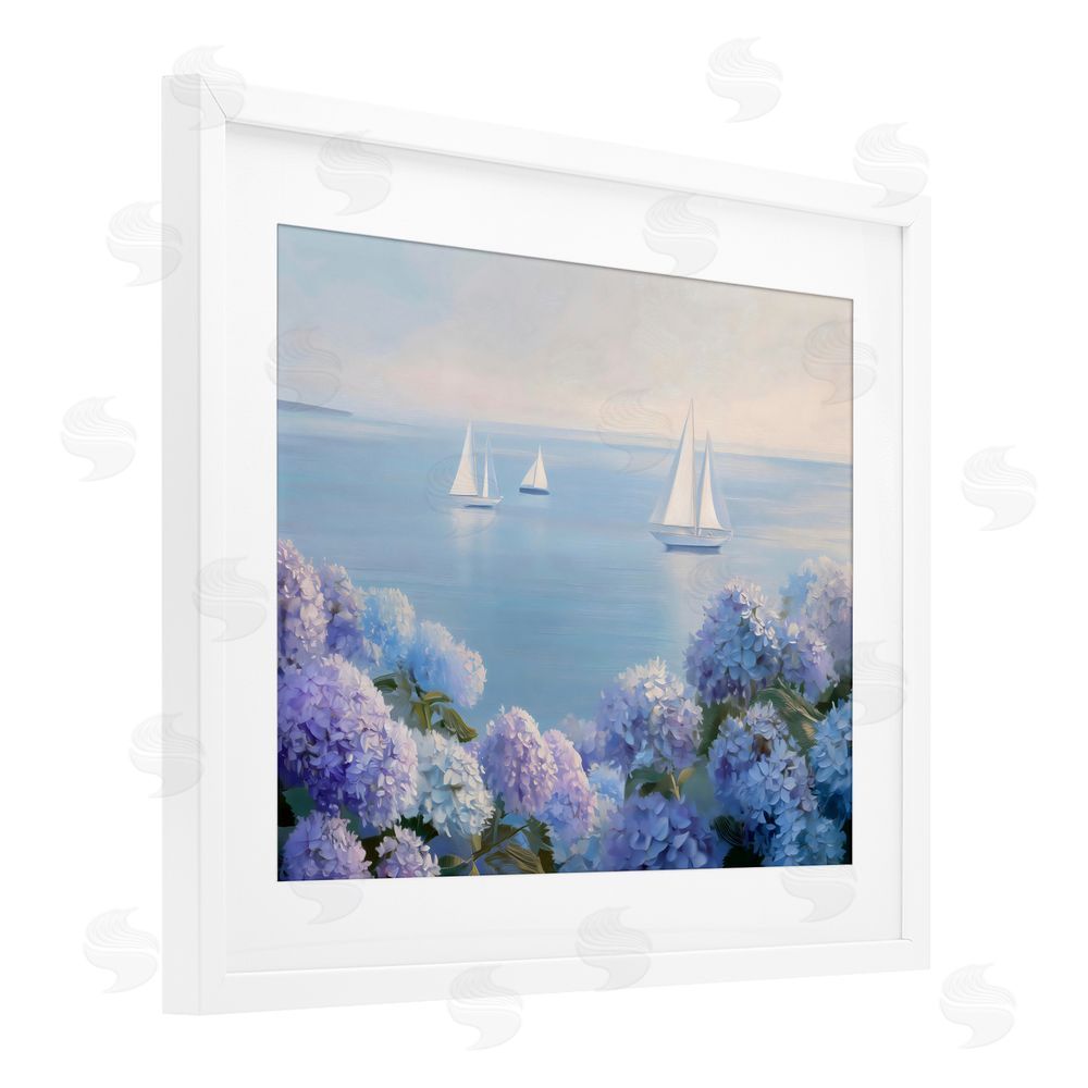 LSR Design Studio Sailboats & Hydrangeas at Sea White Framed Print Under Glass with White Mat Wall Art