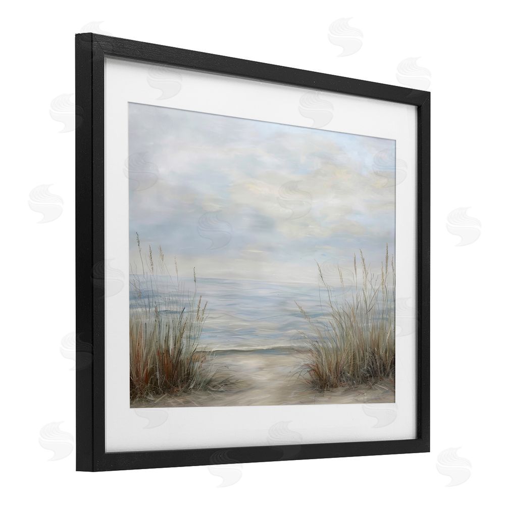 Petal Prints Design Silent Beach with Seaside Dunes Black Framed Print Under Glass with White Mat Wall Art