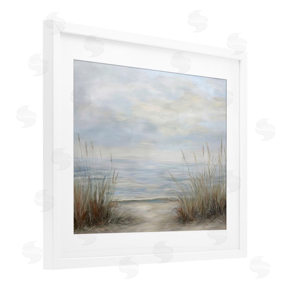 Petal Prints Design Silent Beach with Seaside Dunes White Framed Print Under Glass with White Mat Wall Art