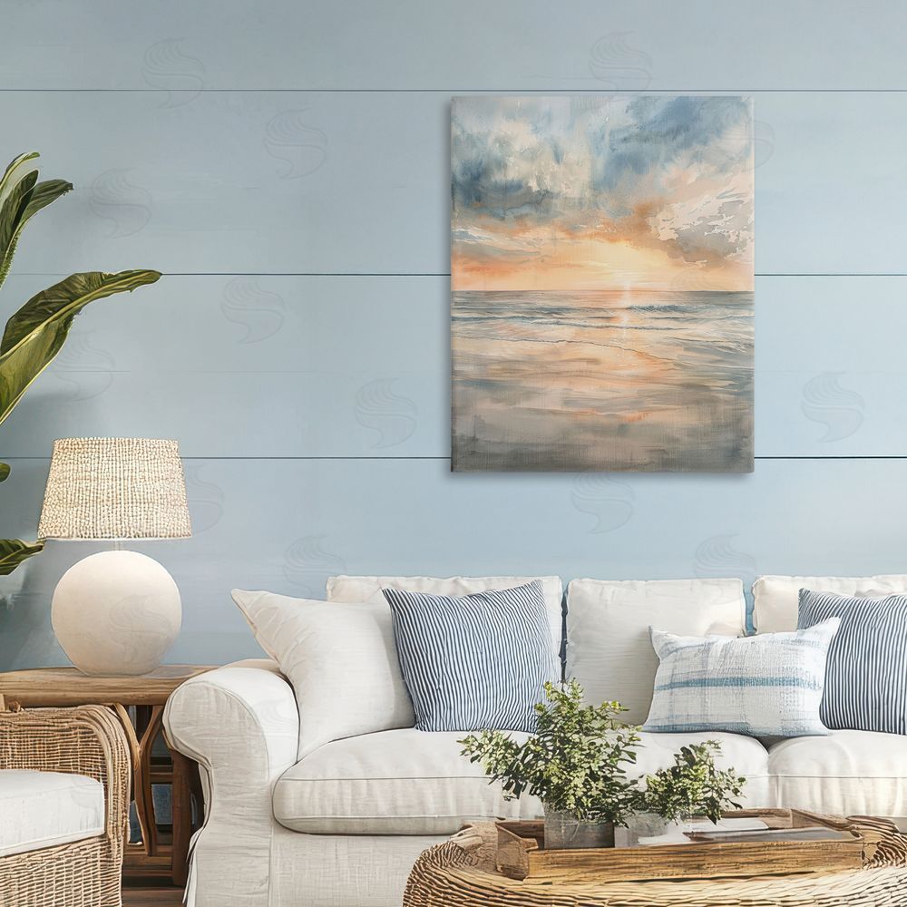 Petal Prints Design Coastal Sunset over Gentle Waves Stretched Canvas Wall Art in Room
