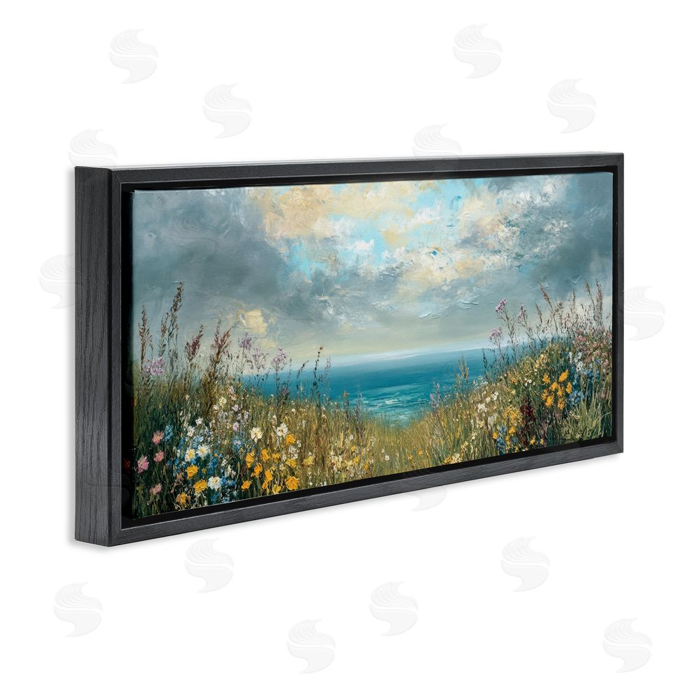 Petal Prints Design Scenic Coastal Flowers In Bloom Black Floating Framed Canvas Wall Art Print