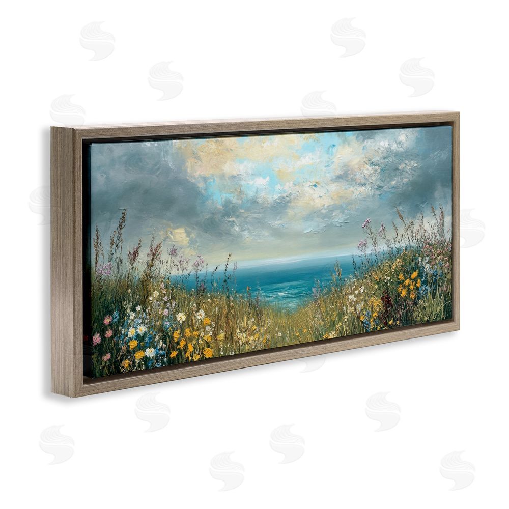 Petal Prints Design Scenic Coastal Flowers In Bloom Brown Floating Framed Canvas Wall Art Print