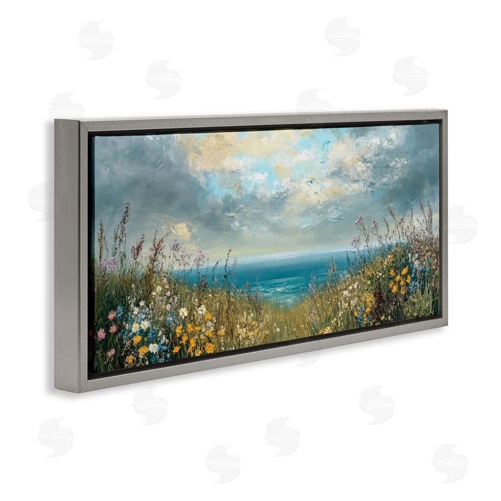Petal Prints Design Scenic Coastal Flowers In Bloom Gray Floating Framed Canvas Wall Art Print