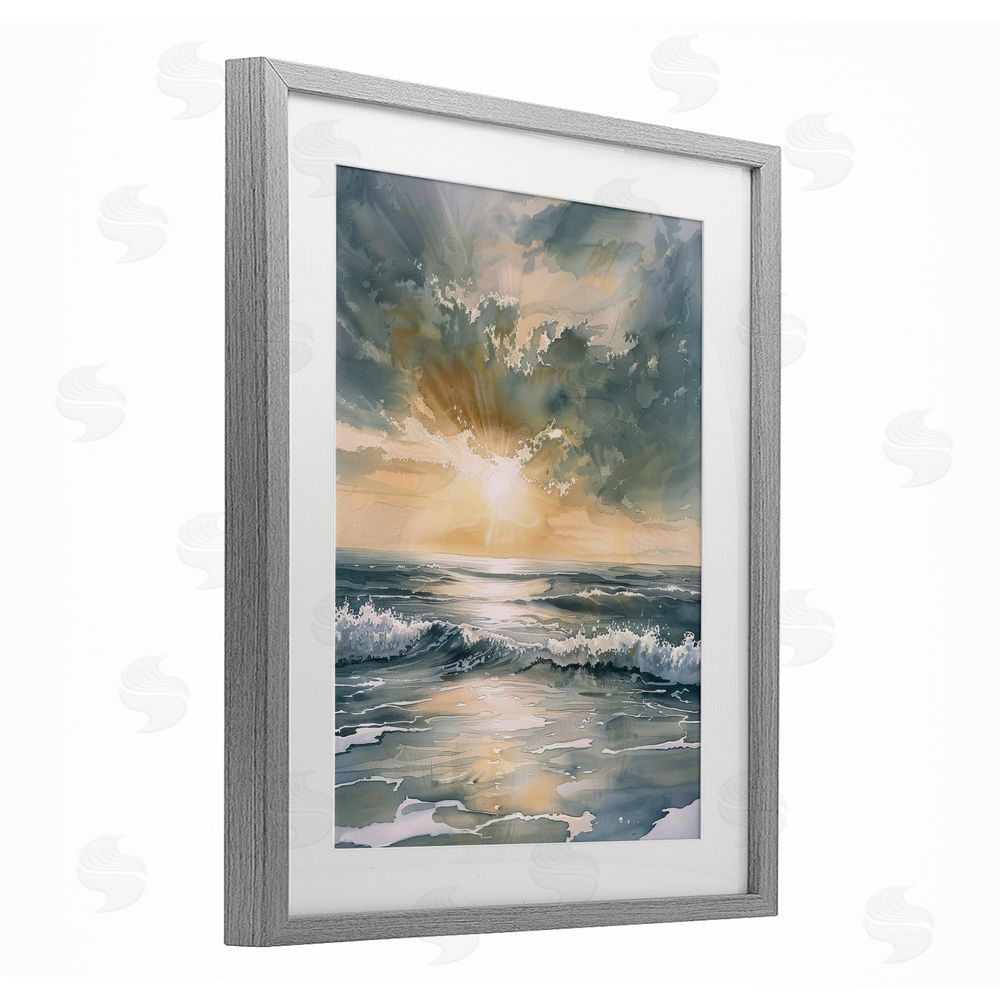 Petal Prints Design Sunlit Waves Golden Reflection Gray Framed Print Under Glass with White Mat Wall Art