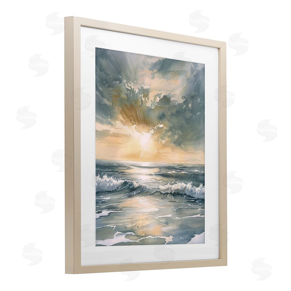 Petal Prints Design Sunlit Waves Golden Reflection Brown Framed Print Under Glass with White Mat Wall Art