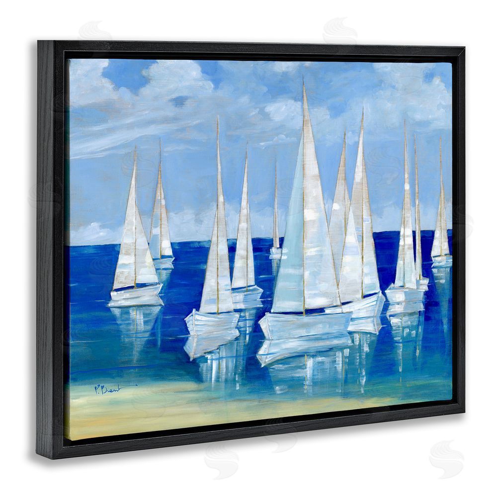 Paul Brent Blanco Beach Sailboats Black Floating Frame Stretched Canvas Wall Art Print