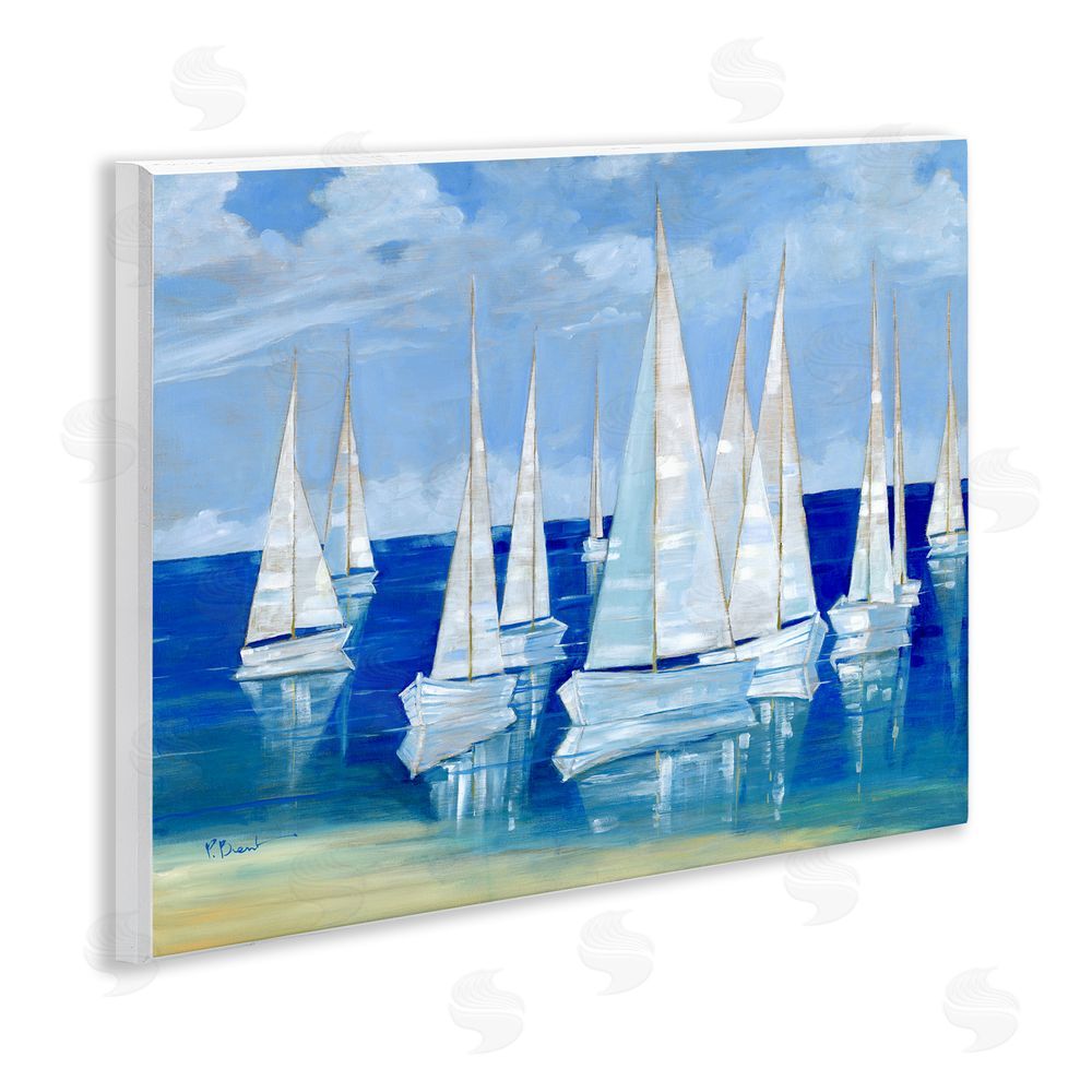 Paul Brent Blanco Beach Sailboats Wall Plaque Art Print with White Foil Wrap