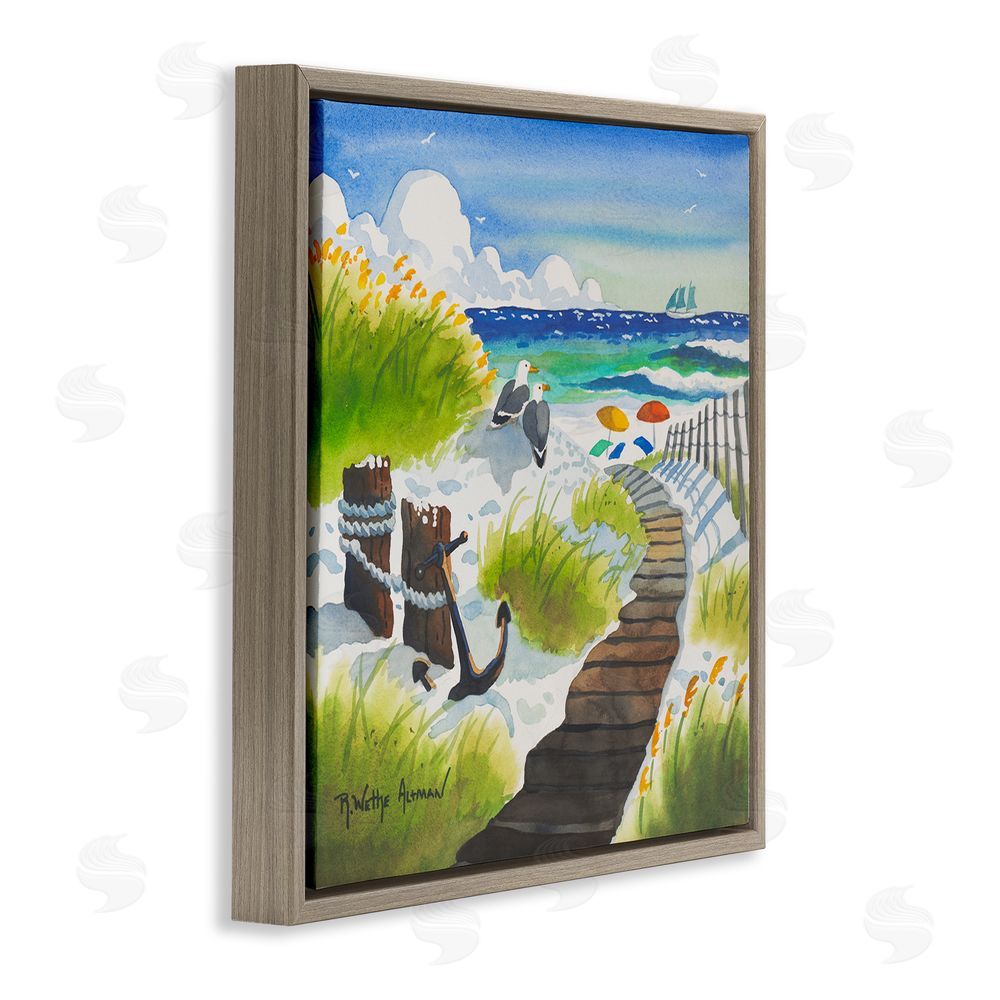 Robin Altman Seagull & Anchor on Shore Brown Floating Framed Canvas Wall Art Print