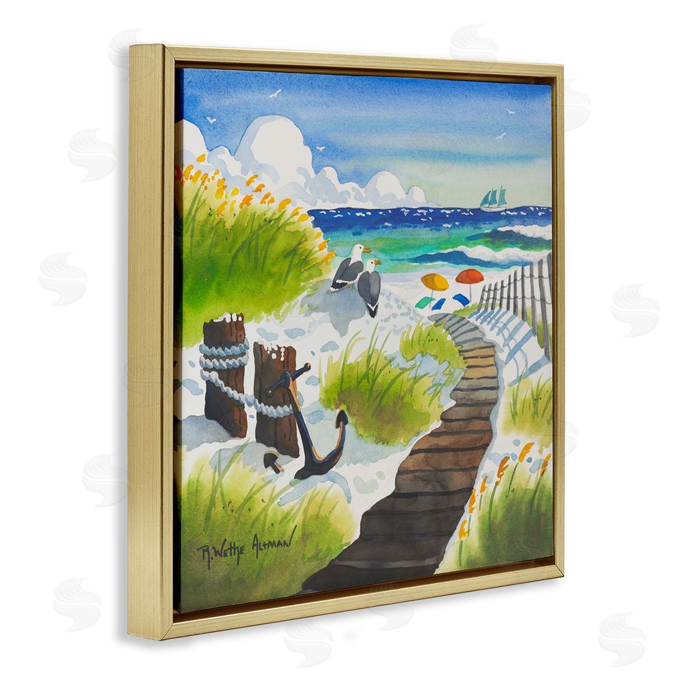 Robin Altman Seagull & Anchor on Shore Gold Floating Framed Canvas Wall Art Print