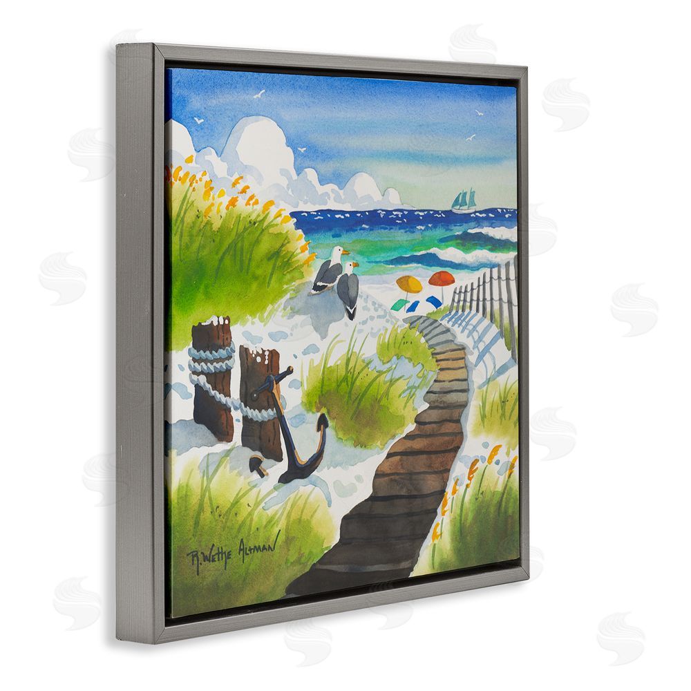 Robin Altman Seagull & Anchor on Shore Gray Floating Framed Canvas Wall Art Print