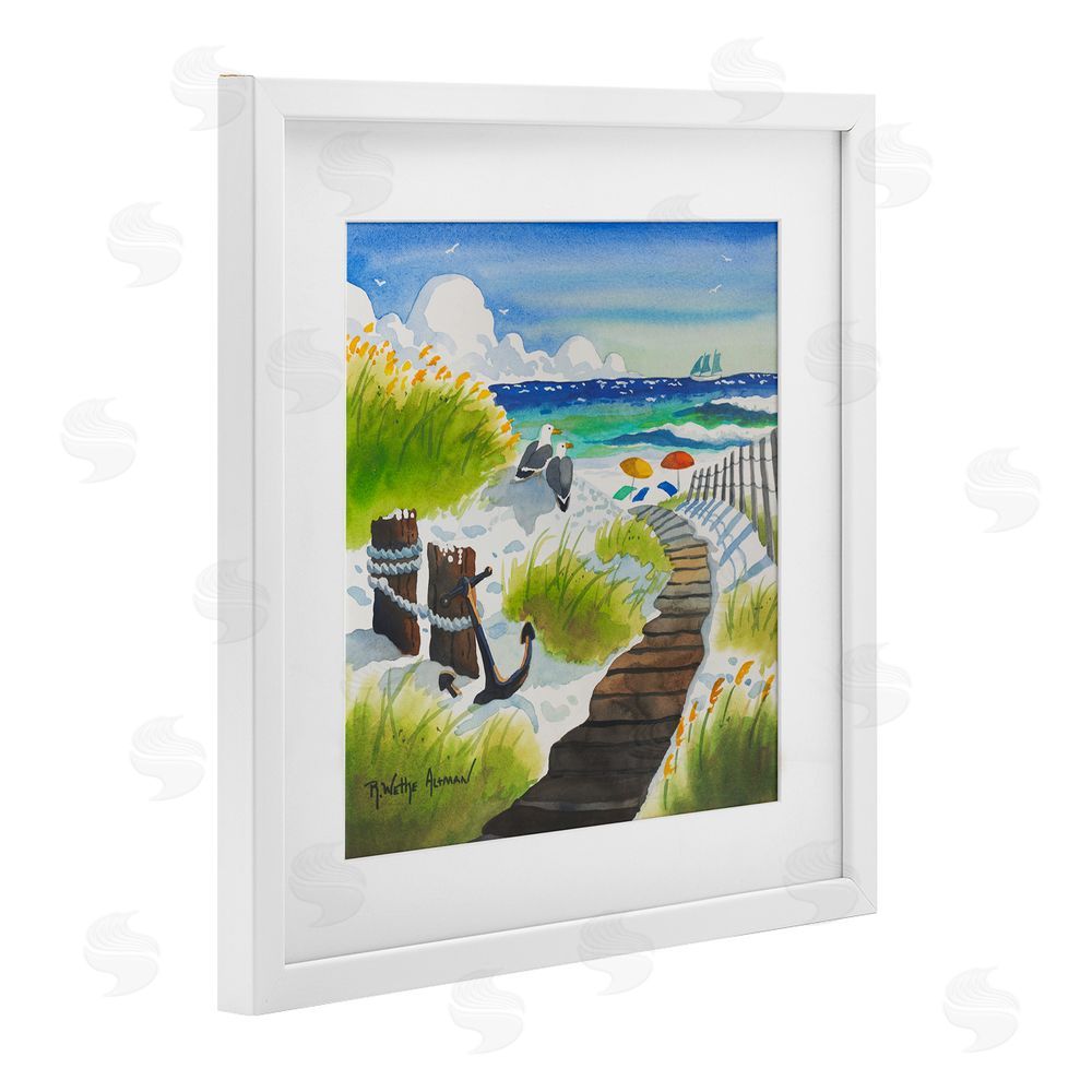 Robin Altman Seagull & Anchor on Shore White Framed Print Under Glass with White Mat Wall Art