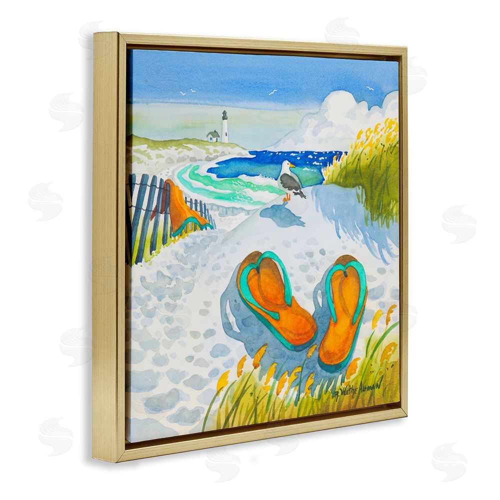Robin Altman Seagull & Flip Flops Gold Floating Framed Canvas Wall Art Print