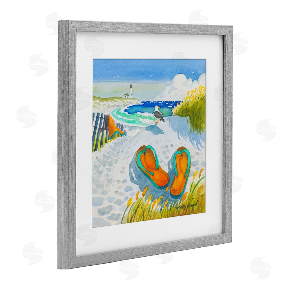 Robin Altman Seagull & Flip Flops Gray Framed Print Under Glass with White Mat Wall Art